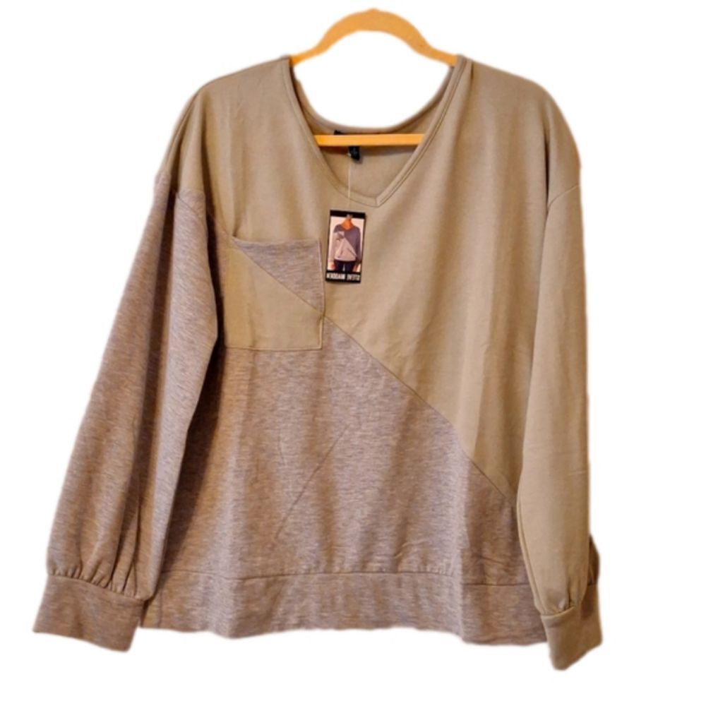 Green gray Color block V-Neck Sweatshirt abstract breast pocket